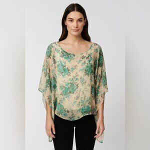 Adele Altman Floral Silk Blend Poncho Green Beige Blouse No Size Tag lagenlook